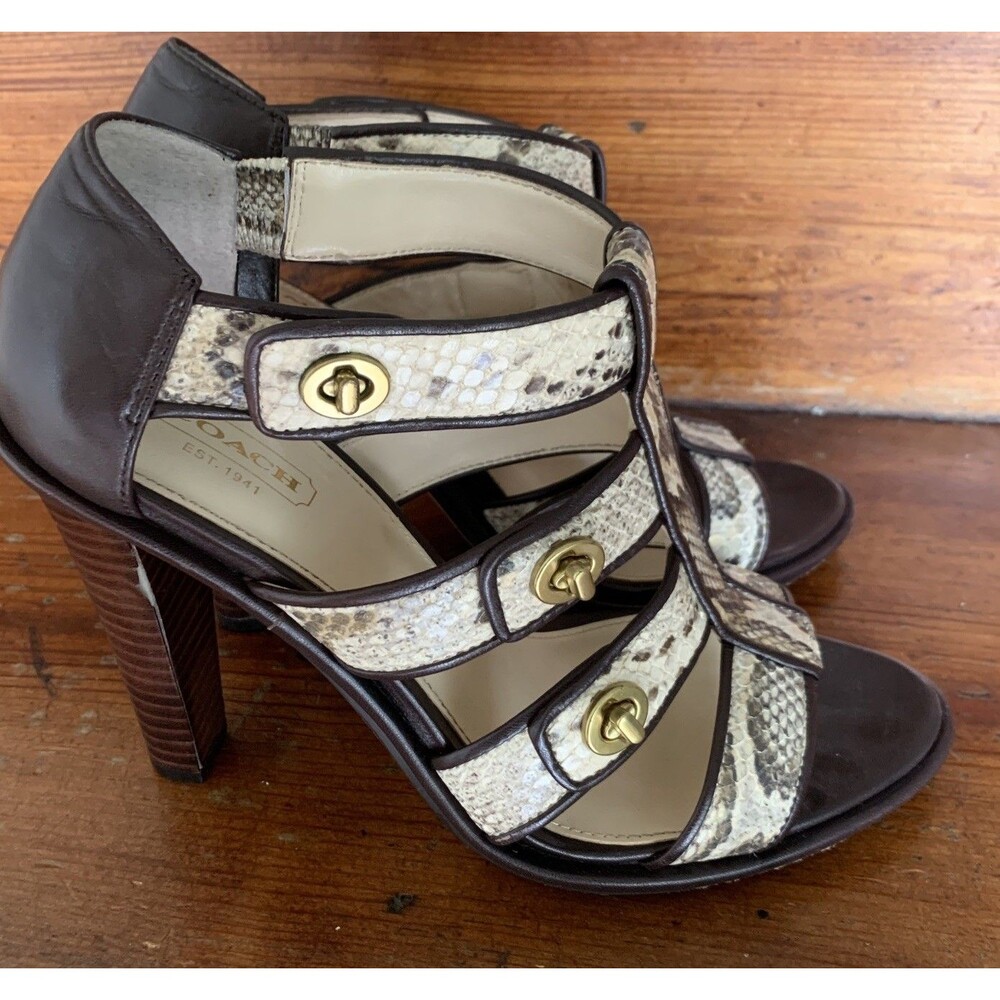 COACH Tamarah Leather Snake Skin Turn Lock Stacked Heels Women's Sandals Sz 7.5B